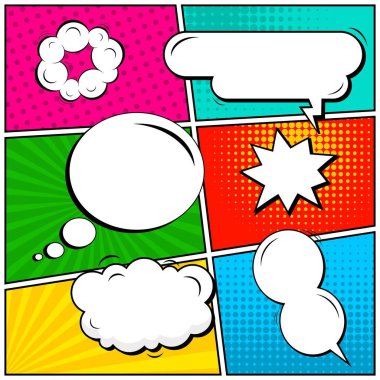 Yaratıcı soyut kavram vektör komik pop sanat tarzı boş, düzeni şablonu bulutlar kiriş ve izole noktalar arka plan ile. Satışı büyük başlığı, boş konuşma balonu ayarı, illüstrasyon noktalı resim kitap tasarımı için.