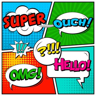 Yaratıcı soyut kavram vektör komik pop sanat tarzı boş, düzeni şablonu bulutlar kiriş ve izole noktalar arka plan ile. Satışı büyük başlığı, boş konuşma balonu ayarı, illüstrasyon noktalı resim kitap tasarımı için.