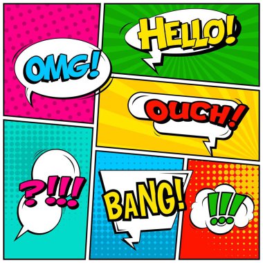 Yaratıcı soyut kavram vektör komik pop sanat tarzı boş, düzeni şablonu bulutlar kiriş ve izole noktalar arka plan ile. Satışı büyük başlığı, boş konuşma balonu ayarı, illüstrasyon noktalı resim kitap tasarımı için.