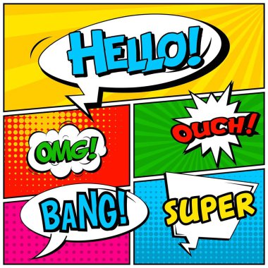 Yaratıcı soyut kavram vektör komik pop sanat tarzı boş, düzeni şablonu bulutlar kiriş ve izole noktalar arka plan ile. Satışı büyük başlığı, boş konuşma balonu ayarı, illüstrasyon noktalı resim kitap tasarımı için.