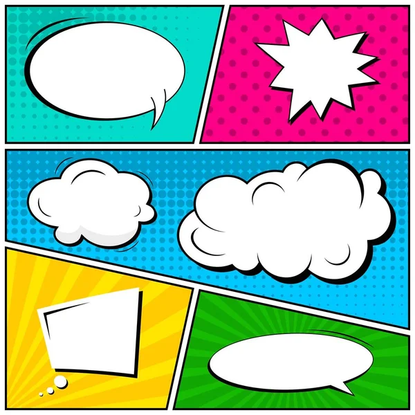 Abstract creative concept vector comic pop art style blank, layout template with clouds beams and isolated dots background. For sale banner, empty speech bubble set, illustration halftone book design. — Stock Vector