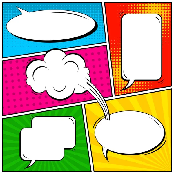 Concept créatif abstrait vecteur bande dessinée pop art style blanc, modèle de mise en page avec poutres nuages et fond de points isolés. À vendre bannière, ensemble de bulle de discours vide, illustration conception de livre de demi-tons . — Image vectorielle