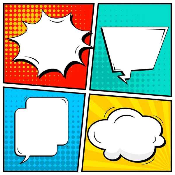 Abstract creative concept vector comic pop art style blank, layout template with clouds beams and isolated dots background. For sale banner, empty speech bubble set, illustration halftone book design. — Stock Vector