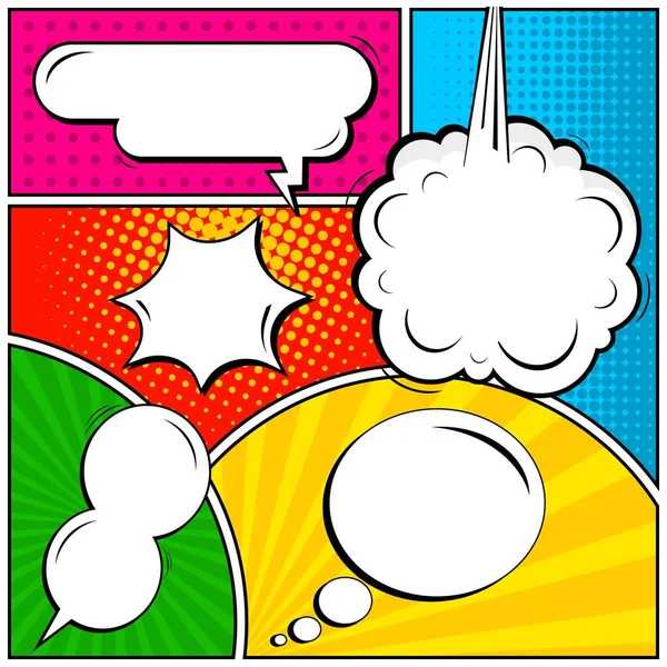 Abstract creative concept vector comic pop art style blank, layout template with clouds beams and isolated dots background. For sale banner, empty speech bubble set, illustration halftone book design. — Stock Vector