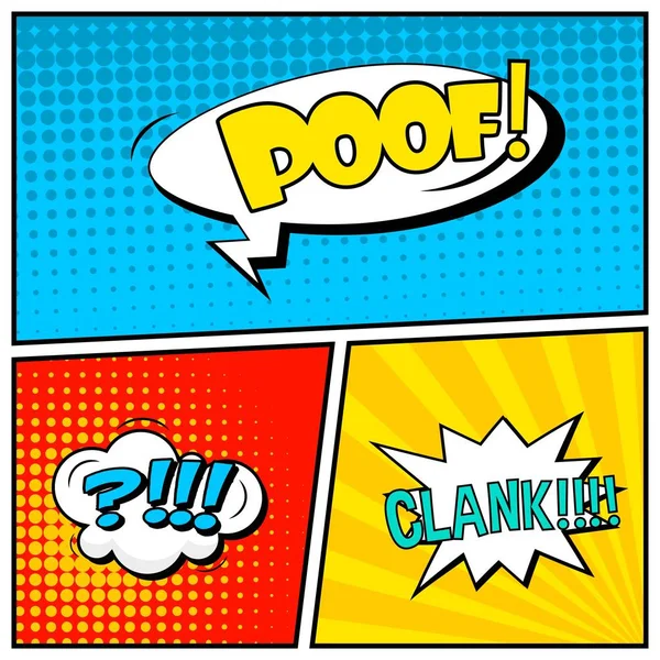 Abstract creative concept vector comic pop art style blank, layout template with clouds beams and isolated dots background. For sale banner, empty speech bubble set, illustration halftone book design. — Stock Vector