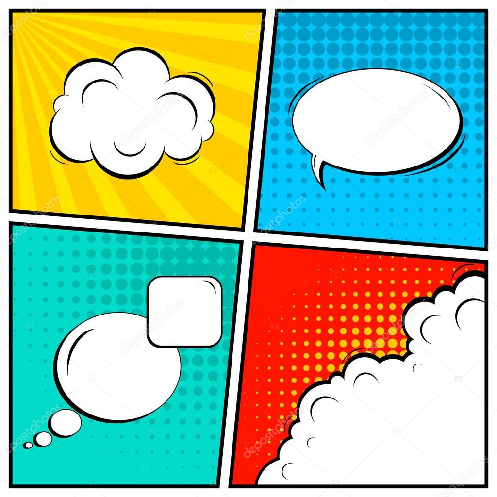 Abstract creative concept vector comic pop art style blank, layout template with clouds beams and isolated dots background. For sale banner, empty speech bubble set, illustration halftone book design.