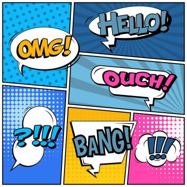 Yaratıcı soyut kavram vektör komik pop sanat tarzı boş, düzeni şablonu bulutlar kiriş ve izole noktalar arka plan ile. Satışı büyük başlığı, boş konuşma balonu ayarı, illüstrasyon noktalı resim kitap tasarımı için.