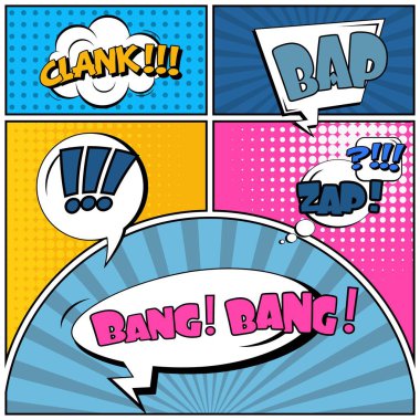 Yaratıcı soyut kavram vektör komik pop sanat tarzı boş, düzeni şablonu bulutlar kiriş ve izole noktalar arka plan ile. Satışı büyük başlığı, boş konuşma balonu ayarı, illüstrasyon noktalı resim kitap tasarımı için.