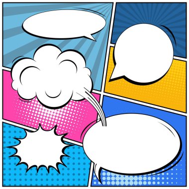 Yaratıcı soyut kavram vektör komik pop sanat tarzı boş, düzeni şablonu bulutlar kiriş ve izole noktalar arka plan ile. Satışı büyük başlığı, boş konuşma balonu ayarı, illüstrasyon noktalı resim kitap tasarımı için.