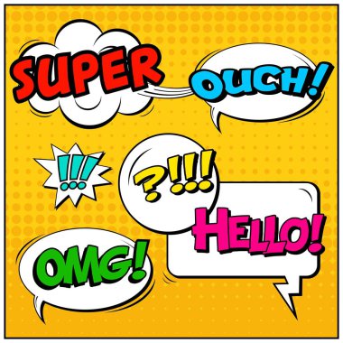 Yaratıcı soyut kavram vektör komik pop sanat tarzı boş, düzeni şablonu bulutlar kiriş ve izole noktalar arka plan ile. Satışı büyük başlığı, boş konuşma balonu ayarı, illüstrasyon noktalı resim kitap tasarımı için.