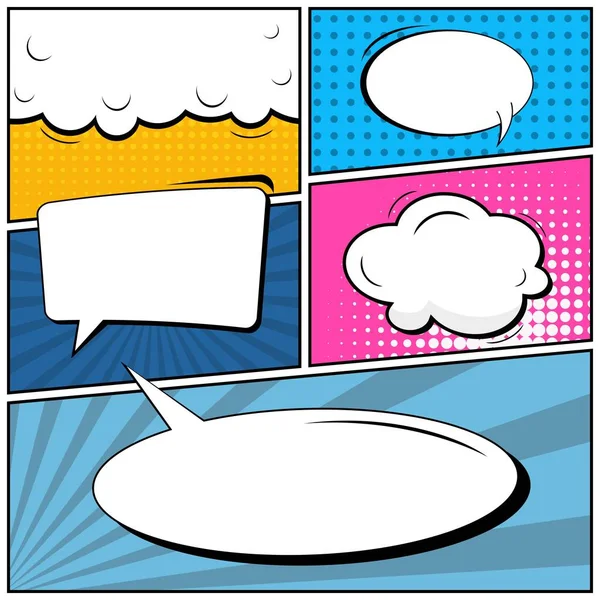 Abstract creative concept vector comic pop art style blank, layout template with clouds beams and isolated dots background. For sale banner, empty speech bubble set, illustration halftone book design. — Stock Vector