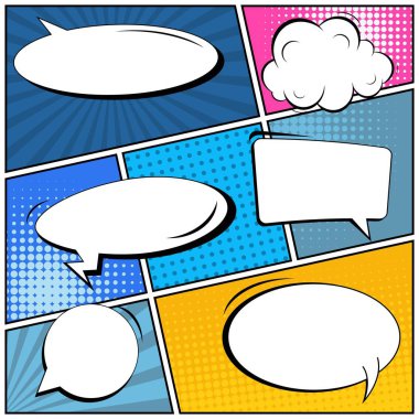 Yaratıcı soyut kavram vektör komik pop sanat tarzı boş, düzeni şablonu bulutlar kiriş ve izole noktalar arka plan ile. Satışı büyük başlığı, boş konuşma balonu ayarı, illüstrasyon noktalı resim kitap tasarımı için.