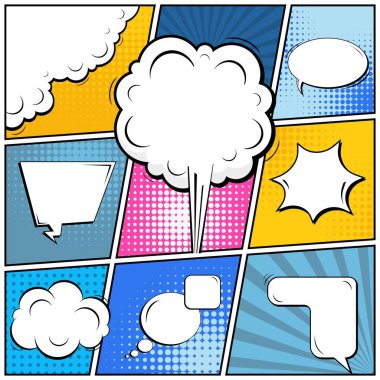Yaratıcı soyut kavram vektör komik pop sanat tarzı boş, düzeni şablonu bulutlar kiriş ve izole noktalar arka plan ile. Satışı büyük başlığı, boş konuşma balonu ayarı, illüstrasyon noktalı resim kitap tasarımı için.