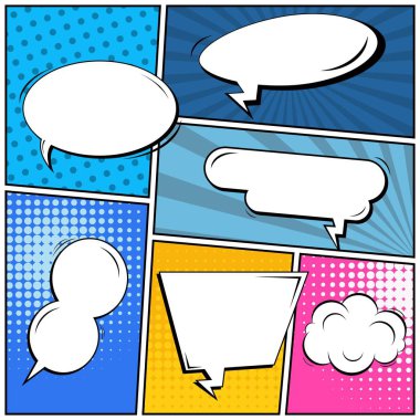 Yaratıcı soyut kavram vektör komik pop sanat tarzı boş, düzeni şablonu bulutlar kiriş ve izole noktalar arka plan ile. Satışı büyük başlığı, boş konuşma balonu ayarı, illüstrasyon noktalı resim kitap tasarımı için.