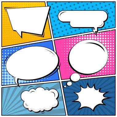 Yaratıcı soyut kavram vektör komik pop sanat tarzı boş, düzeni şablonu bulutlar kiriş ve izole noktalar arka plan ile. Satışı büyük başlığı, boş konuşma balonu ayarı, illüstrasyon noktalı resim kitap tasarımı için.