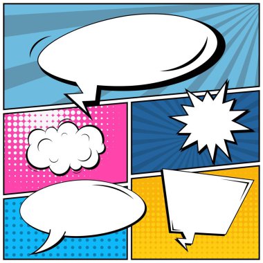 Yaratıcı soyut kavram vektör komik pop sanat tarzı boş, düzeni şablonu bulutlar kiriş ve izole noktalar arka plan ile. Satışı büyük başlığı, boş konuşma balonu ayarı, illüstrasyon noktalı resim kitap tasarımı için.