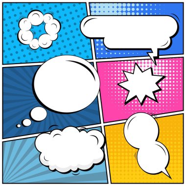 Yaratıcı soyut kavram vektör komik pop sanat tarzı boş, düzeni şablonu bulutlar kiriş ve izole noktalar arka plan ile. Satışı büyük başlığı, boş konuşma balonu ayarı, illüstrasyon noktalı resim kitap tasarımı için.
