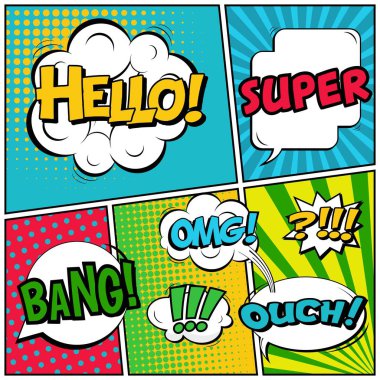 Yaratıcı soyut kavram vektör komik pop sanat tarzı boş, düzeni şablonu bulutlar kiriş ve izole noktalar arka plan ile. Satışı büyük başlığı, boş konuşma balonu ayarı, illüstrasyon noktalı resim kitap tasarımı için.