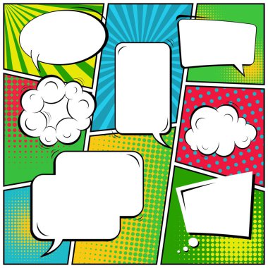 Yaratıcı soyut kavram vektör komik pop sanat tarzı boş, düzeni şablonu bulutlar kiriş ve izole noktalar arka plan ile. Satışı büyük başlığı, boş konuşma balonu ayarı, illüstrasyon noktalı resim kitap tasarımı için.