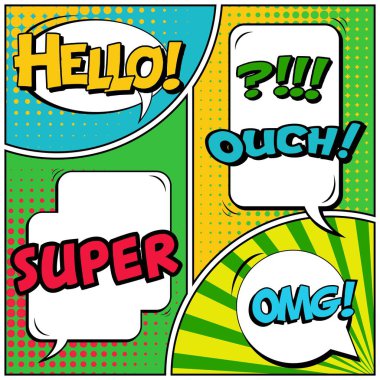 Yaratıcı soyut kavram vektör komik pop sanat tarzı boş, düzeni şablonu bulutlar kiriş ve izole noktalar arka plan ile. Satışı büyük başlığı, boş konuşma balonu ayarı, illüstrasyon noktalı resim kitap tasarımı için.