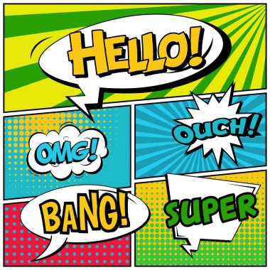 Yaratıcı soyut kavram vektör komik pop sanat tarzı boş, düzeni şablonu bulutlar kiriş ve izole noktalar arka plan ile. Satışı büyük başlığı, boş konuşma balonu ayarı, illüstrasyon noktalı resim kitap tasarımı için.