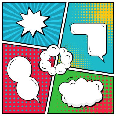 Yaratıcı soyut kavram vektör komik pop sanat tarzı boş, düzeni şablonu bulutlar kiriş ve izole noktalar arka plan ile. Satışı büyük başlığı, boş konuşma balonu ayarı, illüstrasyon noktalı resim kitap tasarımı için.
