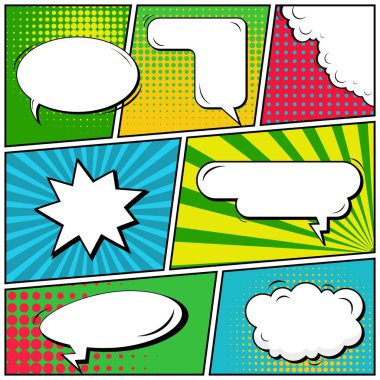 Yaratıcı soyut kavram vektör komik pop sanat tarzı boş, düzeni şablonu bulutlar kiriş ve izole noktalar arka plan ile. Satışı büyük başlığı, boş konuşma balonu ayarı, illüstrasyon noktalı resim kitap tasarımı için.