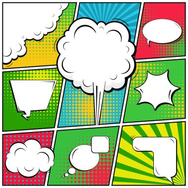 Yaratıcı soyut kavram vektör komik pop sanat tarzı boş, düzeni şablonu bulutlar kiriş ve izole noktalar arka plan ile. Satışı büyük başlığı, boş konuşma balonu ayarı, illüstrasyon noktalı resim kitap tasarımı için.