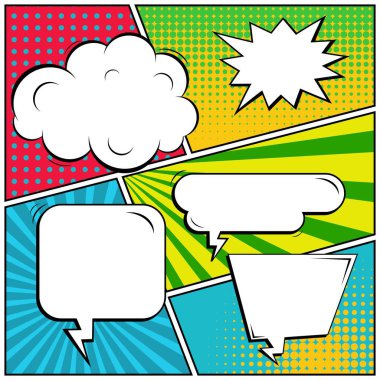 Yaratıcı soyut kavram vektör komik pop sanat tarzı boş, düzeni şablonu bulutlar kiriş ve izole noktalar arka plan ile. Satışı büyük başlığı, boş konuşma balonu ayarı, illüstrasyon noktalı resim kitap tasarımı için.