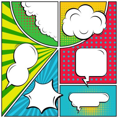 Yaratıcı soyut kavram vektör komik pop sanat tarzı boş, düzeni şablonu bulutlar kiriş ve izole noktalar arka plan ile. Satışı büyük başlığı, boş konuşma balonu ayarı, illüstrasyon noktalı resim kitap tasarımı için.
