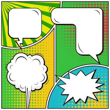 Yaratıcı soyut kavram vektör komik pop sanat tarzı boş, düzeni şablonu bulutlar kiriş ve izole noktalar arka plan ile. Satışı büyük başlığı, boş konuşma balonu ayarı, illüstrasyon noktalı resim kitap tasarımı için.