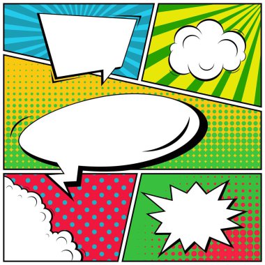 Yaratıcı soyut kavram vektör komik pop sanat tarzı boş, düzeni şablonu bulutlar kiriş ve izole noktalar arka plan ile. Satışı büyük başlığı, boş konuşma balonu ayarı, illüstrasyon noktalı resim kitap tasarımı için.