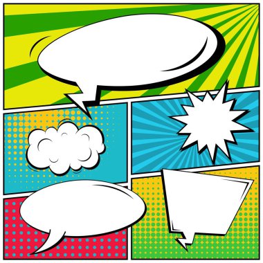 Yaratıcı soyut kavram vektör komik pop sanat tarzı boş, düzeni şablonu bulutlar kiriş ve izole noktalar arka plan ile. Satışı büyük başlığı, boş konuşma balonu ayarı, illüstrasyon noktalı resim kitap tasarımı için.