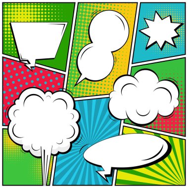 Yaratıcı soyut kavram vektör komik pop sanat tarzı boş, düzeni şablonu bulutlar kiriş ve izole noktalar arka plan ile. Satışı büyük başlığı, boş konuşma balonu ayarı, illüstrasyon noktalı resim kitap tasarımı için.