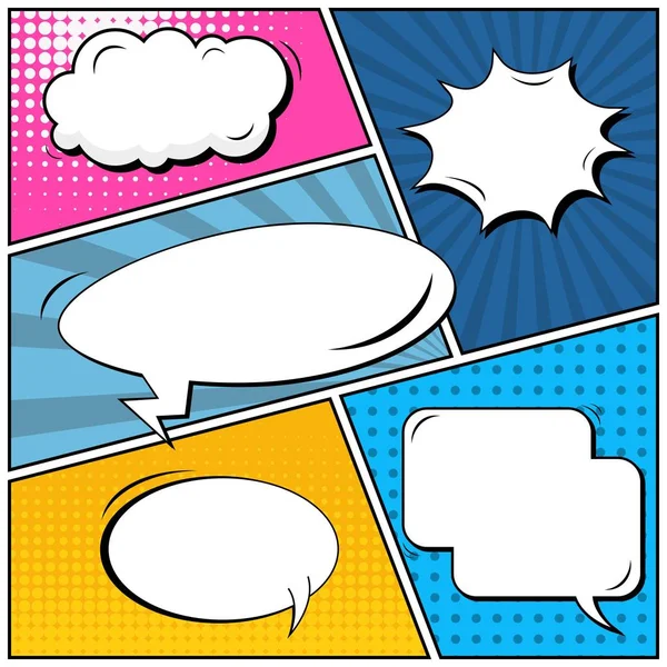 Yaratıcı soyut kavram vektör komik pop sanat tarzı boş, düzeni şablonu bulutlar kiriş ve izole noktalar arka plan ile. Satışı büyük başlığı, boş konuşma balonu ayarı, illüstrasyon noktalı resim kitap tasarımı için.
