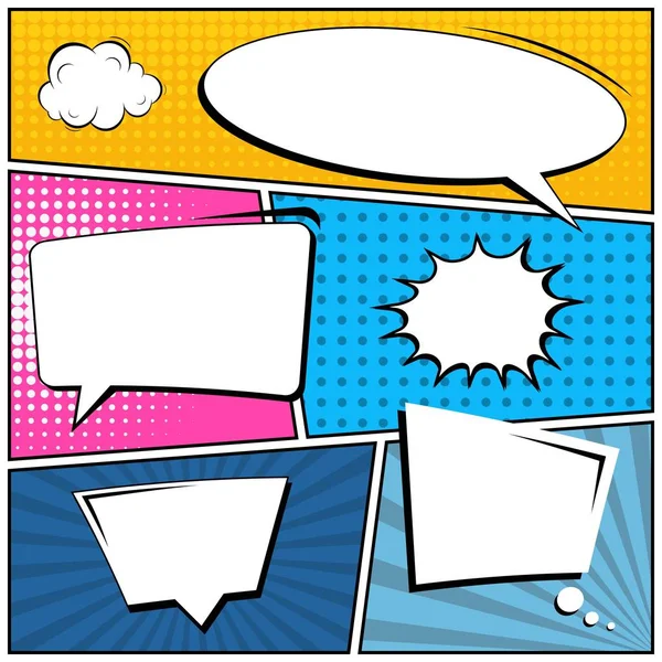 Abstract creative concept vector comic pop art style blank, layout template with clouds beams and isolated dots background. For sale banner, empty speech bubble set, illustration halftone book design. — Stock Vector