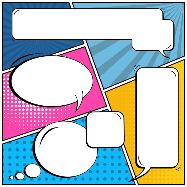 Abstract creative concept vector comic pop art style blank, layout template with clouds beams and isolated dots background. For sale banner, empty speech bubble set, illustration halftone book design. — Stock Vector