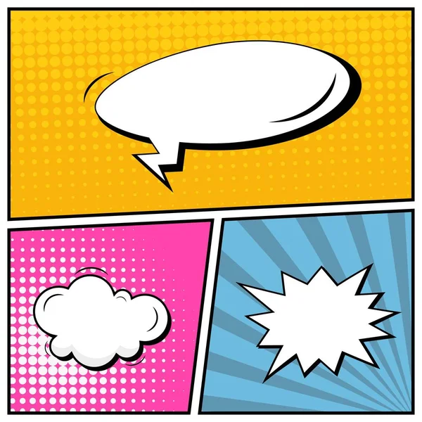 Abstract creative concept vector comic pop art style blank, layout template with clouds beams and isolated dots background. For sale banner, empty speech bubble set, illustration halftone book design. — Stock Vector