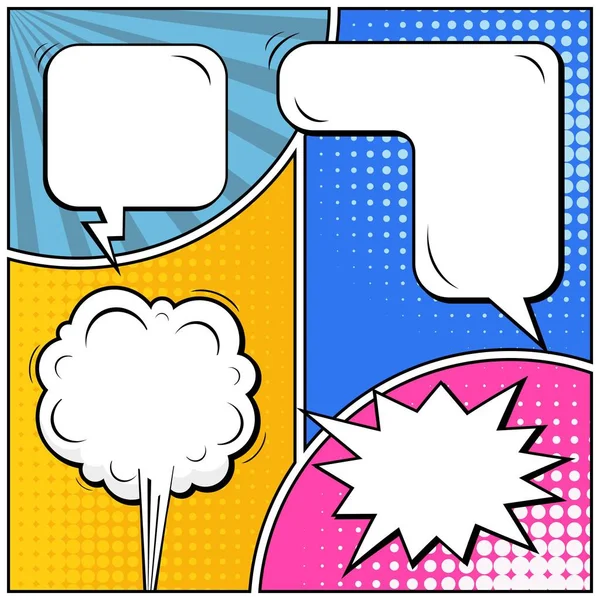 Abstract creative concept vector comic pop art style blank, layout template with clouds beams and isolated dots background. For sale banner, empty speech bubble set, illustration halftone book design. — Stock Vector