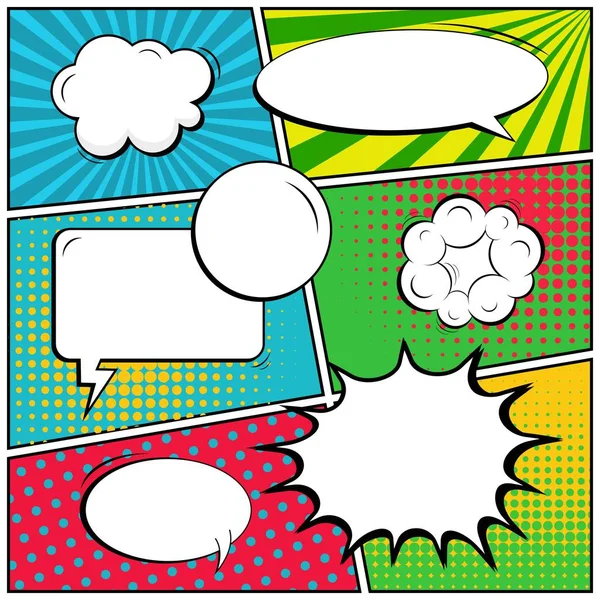 Abstracte creatief concept vector komische pop-art stijl leeg, lay-out sjabloon met wolken balken en geïsoleerde stippen achtergrond. Voor verkoop banner, lege toespraak bubble set, illustratie halftone boekontwerpen. — Stockvector