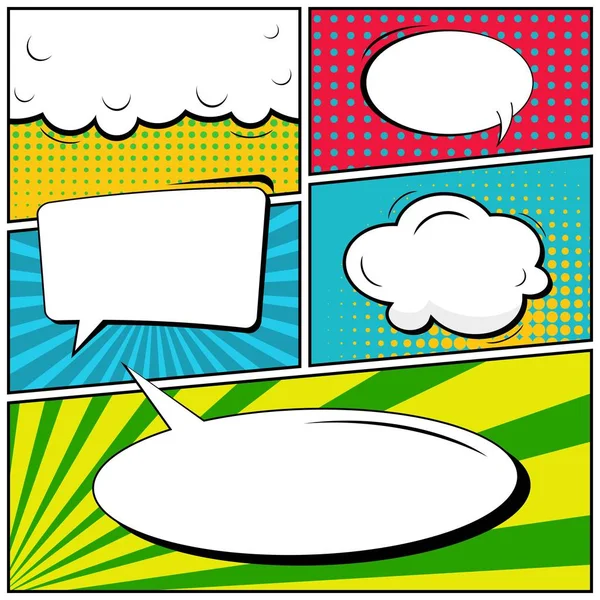 Concept créatif abstrait vecteur bande dessinée pop art style blanc, modèle de mise en page avec poutres nuages et fond de points isolés. À vendre bannière, ensemble de bulle de discours vide, illustration conception de livre de demi-tons . — Image vectorielle