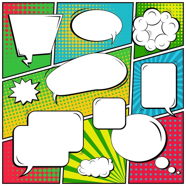 Abstract creative concept vector comic pop art style blank, layout template with clouds beams and isolated dots background. For sale banner, empty speech bubble set, illustration halftone book design. — Stock Vector