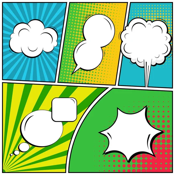Concept créatif abstrait vecteur bande dessinée pop art style blanc, modèle de mise en page avec poutres nuages et fond de points isolés. À vendre bannière, ensemble de bulle de discours vide, illustration conception de livre de demi-tons . — Image vectorielle