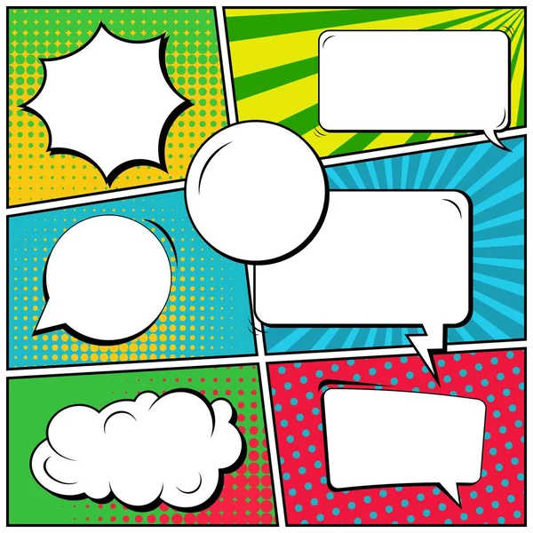 Abstract creative concept vector comic pop art style blank, layout template with clouds beams and isolated dots background. For sale banner, empty speech bubble set, illustration halftone book design. — Stock Vector