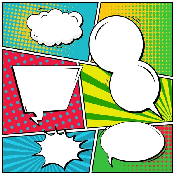 Abstract creative concept vector comic pop art style blank, layout template with clouds beams and isolated dots background. For sale banner, empty speech bubble set, illustration halftone book design. — Stock Vector