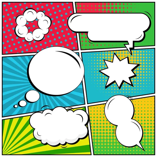 Abstract creative concept vector comic pop art style blank, layout template with clouds beams and isolated dots background. For sale banner, empty speech bubble set, illustration halftone book design. — Stock Vector