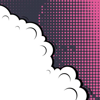 Yaratıcı soyut kavram vektör komik pop sanat tarzı boş, düzeni şablonu bulutlar kiriş ve izole noktalar arka plan ile. Satışı büyük başlığı, boş konuşma balonu ayarı, illüstrasyon noktalı resim kitap tasarımı için.