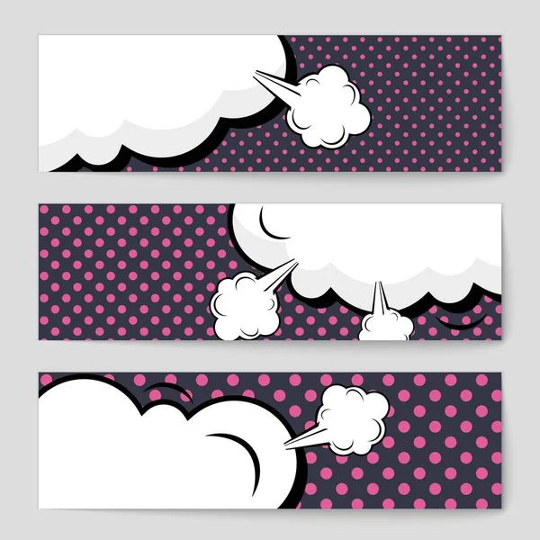 Abstract creative concept vector comic pop art style blank, layout template with clouds beams and isolated dots background. For sale banner, empty speech bubble set, illustration halftone book design. — Stock Vector