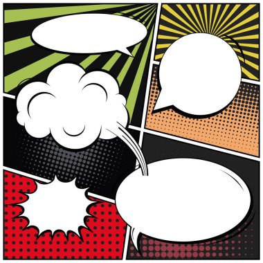 Yaratıcı soyut kavram vektör komik pop sanat tarzı boş, düzeni şablonu bulutlar kiriş ve izole noktalar arka plan ile. Satışı büyük başlığı, boş konuşma balonu ayarı, illüstrasyon noktalı resim kitap tasarımı için.
