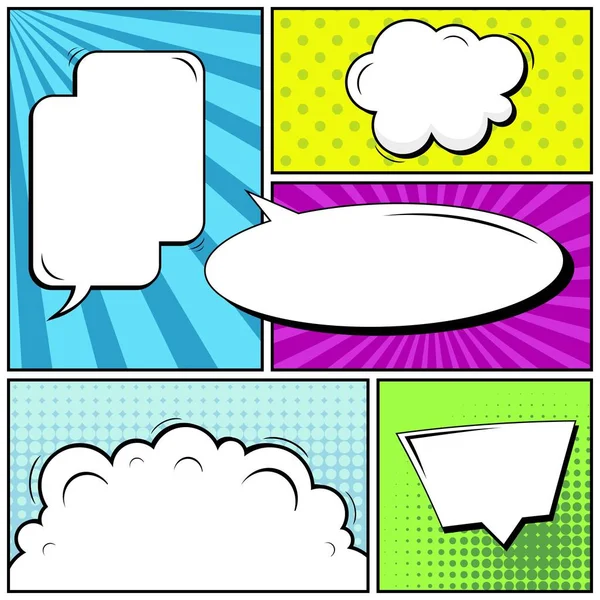 Abstract creative concept vector comic pop art style blank, layout template with clouds beams and isolated dots background. For sale banner, empty speech bubble set, illustration halftone book design. — Stock Vector